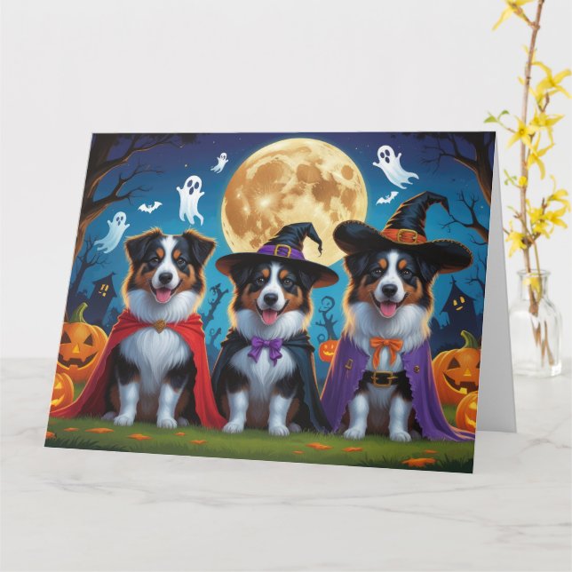 Carte Chiens bergers australiens Citrouille Halloween dr (Fleur jaune)