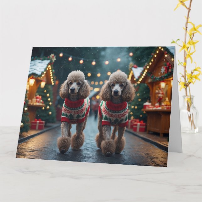 Carte Chiens Caniches Noël Neige Fêtes (Fleur jaune)