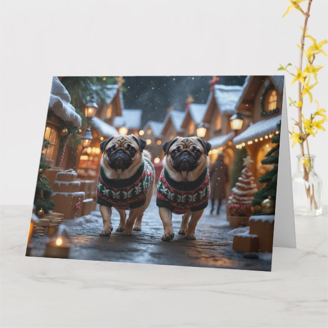 Carte Chiens Carlin Noël Neige Fêtes (Fleur jaune)