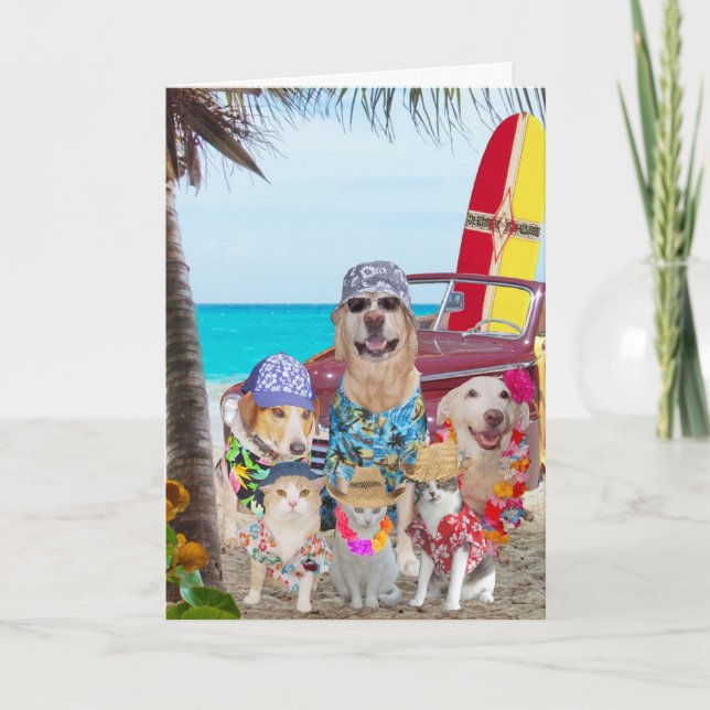 Carte Chiens/Chats Amusants Anniversaire Hawaïen/Surfeur (Devant)
