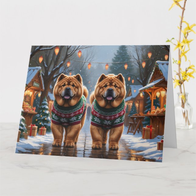 Carte Chiens Chow Chow Noël Fête de la neige (Fleur jaune)