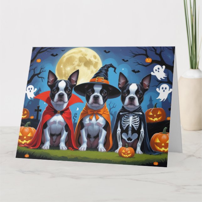 Carte Chiens de Boston Terrier Citrouille Halloween Funn (Devant)