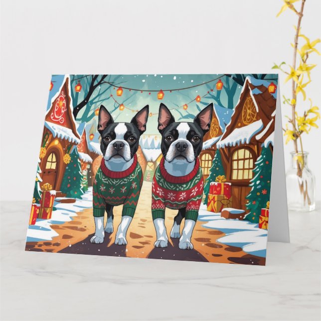 Carte Chiens de Boston Terrier Noël Fête de la neige (Fleur jaune)