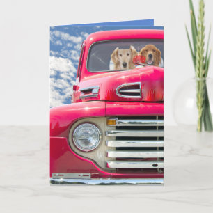 Carte chiens en camion rouge anniversaire