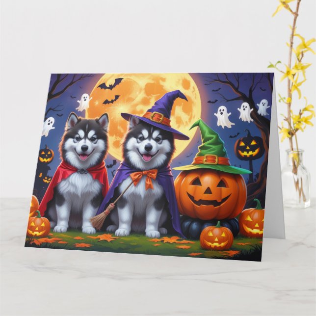 Carte Chiens malamuts de l'Alaska Citrouille Halloween d (Fleur jaune)