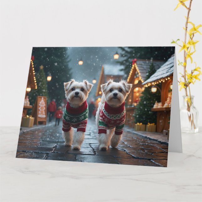 Carte Chiens Maltais Noël Neige Fêtes (Fleur jaune)