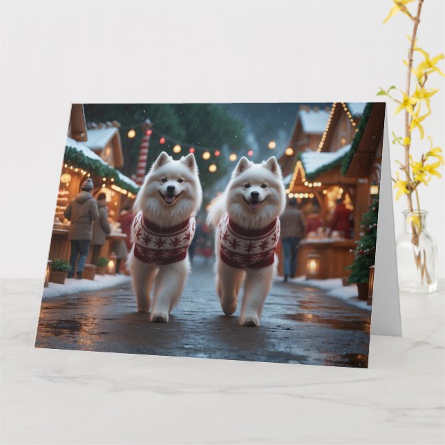Carte Chiens Samoyés Noël Fête de la neige (Fleur jaune)