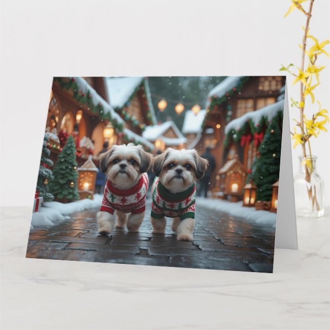 Carte Chih Tzu Chiens Noël Fête de la neige (Fleur jaune)