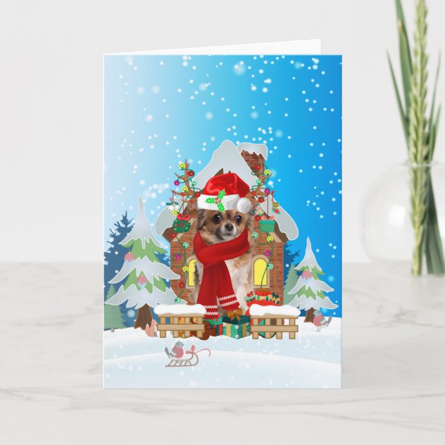 Carte Chihuahua dans la neige avec cadeaux de Noël (Devant)