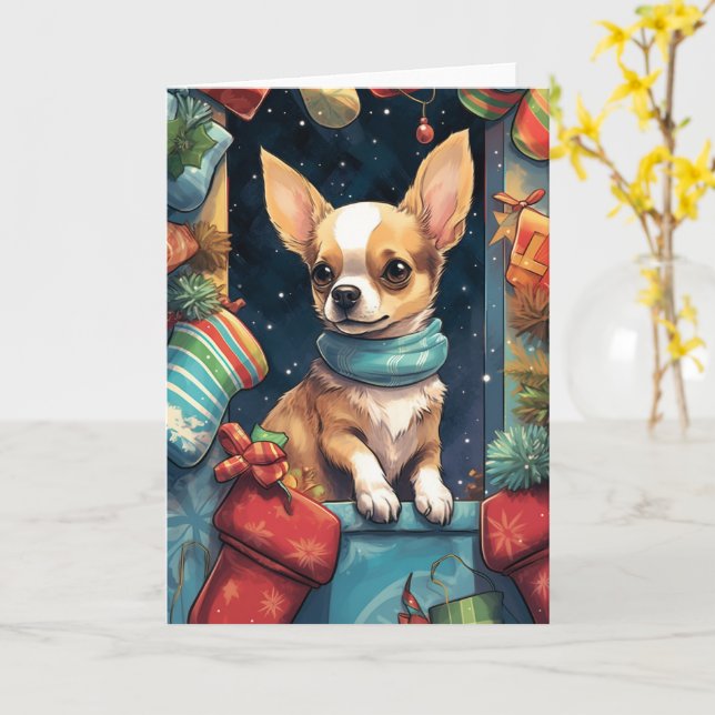 Carte Chihuahua dans un foyer de Noël festif (Fleur jaune)