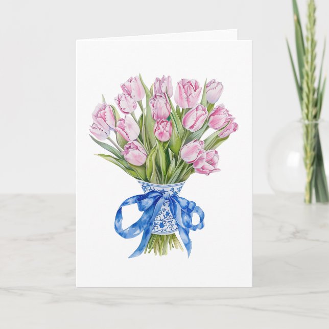 Carte Chinoiserie Fleurs Tulipes Bleu Ruban Greeting Vie (Devant)