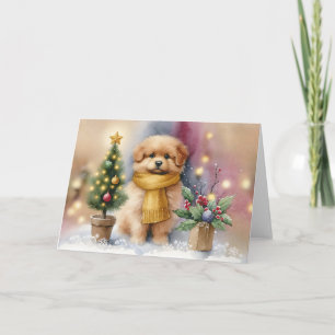 Carte Chiot adorable avec écharpe jaune et sapin de Noël