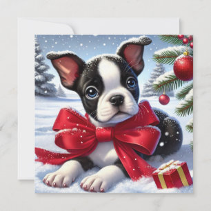 Carte Chiot avec Bow rouge sur la scène de Noël enneigée