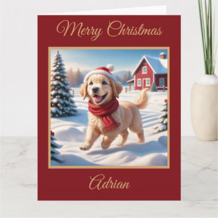 Carte Chiot d'or retriever sur une ferme à Noël