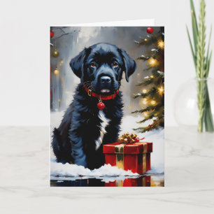 Carte Chiot Noir de Noël Avec Cadeau Rouge