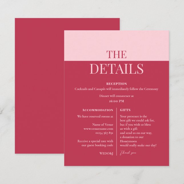 Carte CHLOE Modern Bold Pink Mariage Details Card (Devant / Derrière)