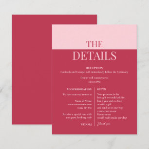 Carte CHLOE Modern Bold Pink Mariage Details Card
