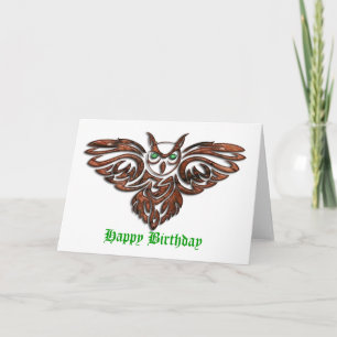 Carte Chouette à cornes de bois sculpté Anniversaire