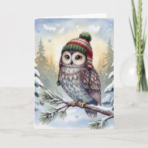 Carte Chouette aquarelle d'anniversaire en chapeau d'hiv