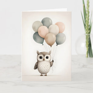 Carte Chouette boho minimaliste avec ballons de salut bl