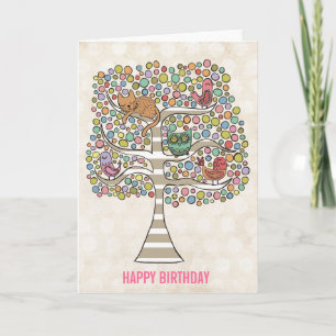 Carte Chouette chatte et oiseaux dans un arbre Illustrat