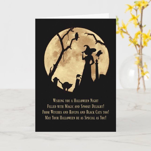 Carte Chouette chevalier Halloween Cat Ravens et Lune (Fleur jaune)