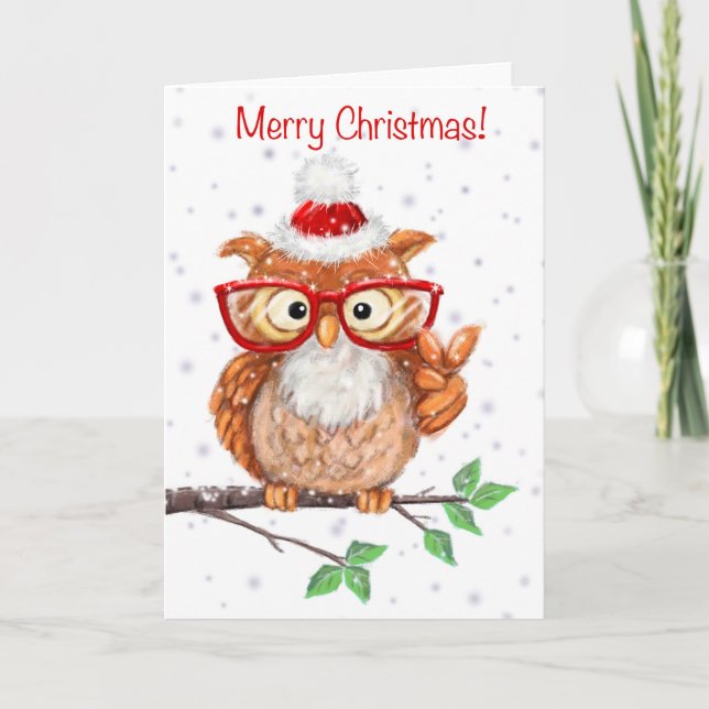 Carte Chouette comique avec signe de paix, Joyeux Noël (Devant)