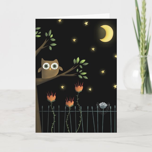 Carte Chouette d'Halloween et araignée la nuit (Devant)