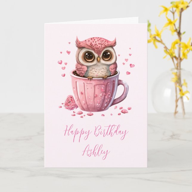 Carte Chouette rose mignonne dans une coupe Anniversaire (Fleur jaune)