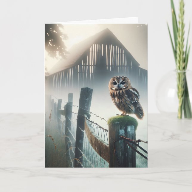 Carte Chouette Sur Ancien Poste De Clôture Pour Annivers (Devant)