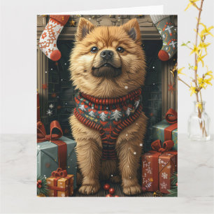 Carte Chow Chien Chow avec cadeaux de Noël cheminée