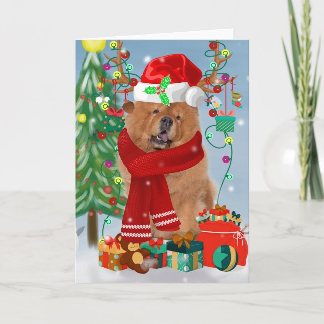Carte Chow Chow Chien en neige avec cadeaux de Noël (Devant)