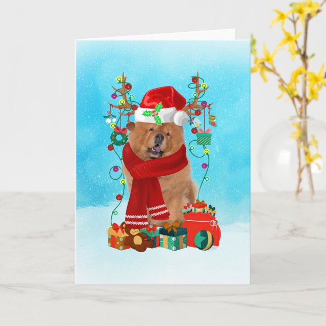 Carte Chow Chow dans la neige avec des cadeaux de Noël (Fleur jaune)