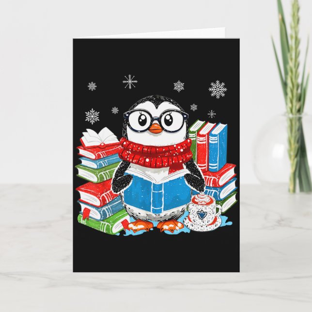 Carte Christmas A Penguin Reading Book Snowflake Cocoa H (Devant)