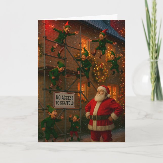 Carte Christmas card Elves playing on scaffolding  (Devant)