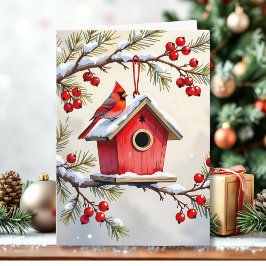 Carte Christmas Cardinal Birdhouse snowy pine branch