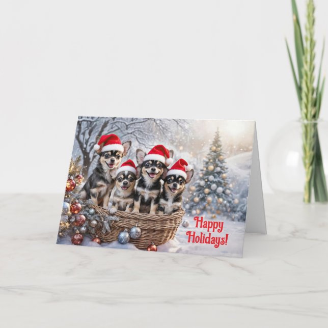 Carte Christmas Happy Holidays Cute Basket Chihuahua Pup (Devant)