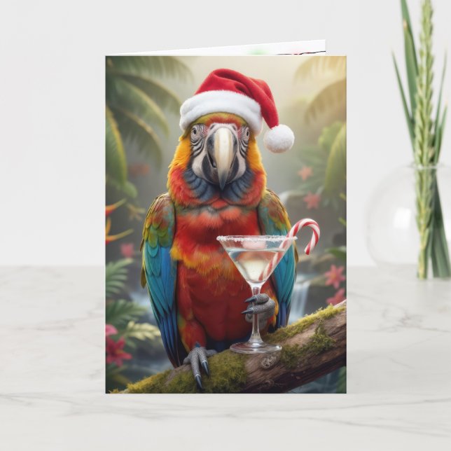 Carte Christmas Parrot Holding a Martini Cocktail (Devant)