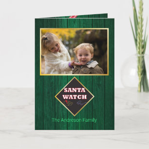 Carte Christmas Père Noël Watch Barre Bois Famille Photo