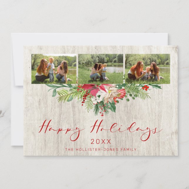Carte Christmas Poinsettias Garland Classic 3 Photos (Devant)