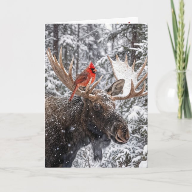 Carte Christmas Red Cardinal On Snowy Moose Antlers (Devant)