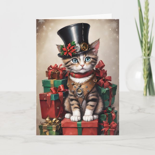 Carte Christmas Steampunk Tabby Kitten (Devant)