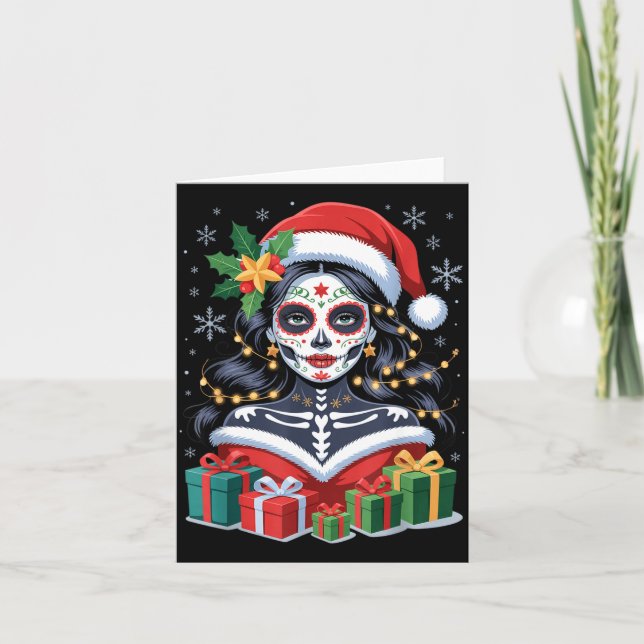 Carte Christmas Sugar Skull Art Woman Santa Hat Festive  (Devant)