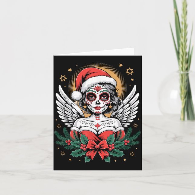 Carte Christmas Sugar Skull Art Woman Santa Hat Festive  (Devant)