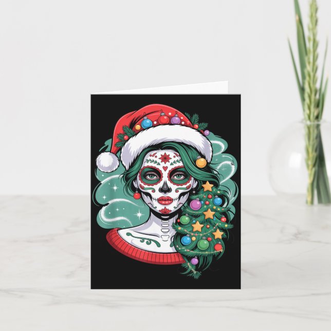 Carte Christmas Sugar Skull Art Woman Santa Hat Festive  (Devant)