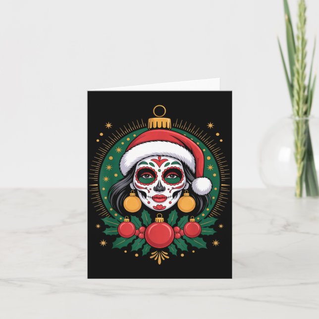 Carte Christmas Sugar Skull Art Woman Santa Hat Festive  (Devant)