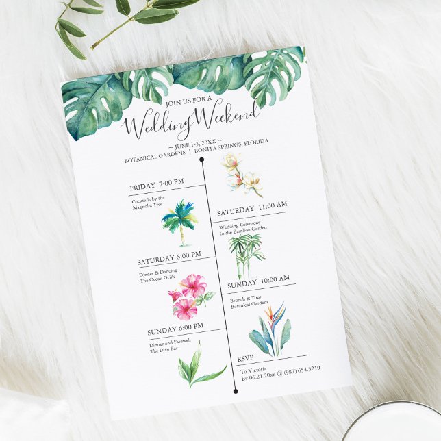 Carte Chronologie du week-end de mariage de destination (Timeline destination wedding invitations feature tropical watercolor art by Victoria Grigaliunas )