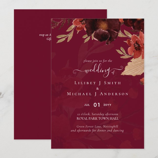 Carte Chute Floral Suite Mariage Terracotta Bourgogne Ro (Devant / Derrière)