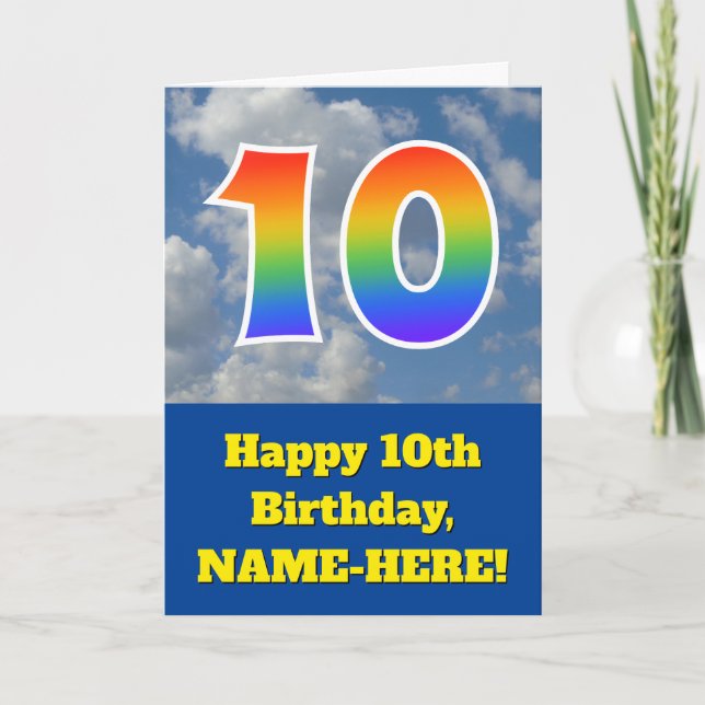 Carte Ciel bleu nuageux, Motif arc-en-ciel "10" Annivers (Devant)