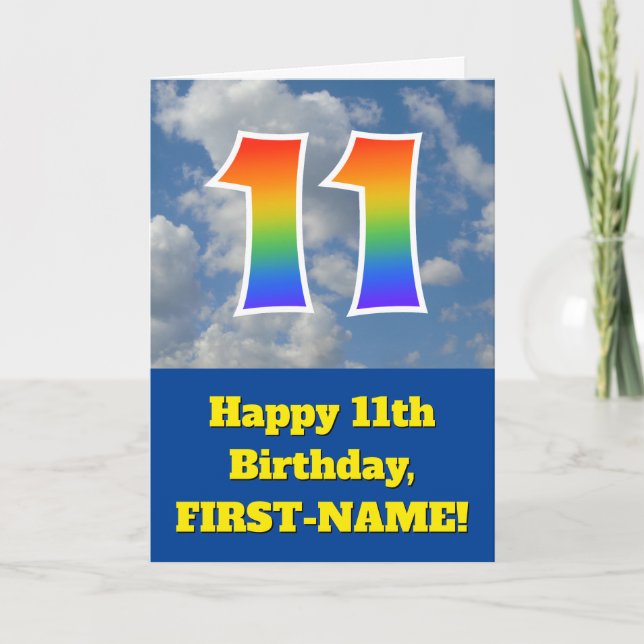 Carte Ciel bleu nuageux, Motif arc-en-ciel "11" Annivers (Devant)